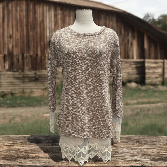 Brown Knit Tunic Top - Sheer Lace Hemline Boho Chic Cottagecore Retro Feminine - Picture 1 of 7